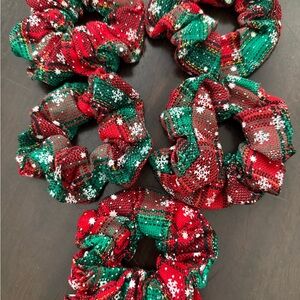 Festive Red and Green Snowflake Scrunchies Set of 5